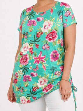 ✨2/$20 Belle Kim Gravel Slub Knit Side Ruched Top Full Bloom Floral Plus Size 4X